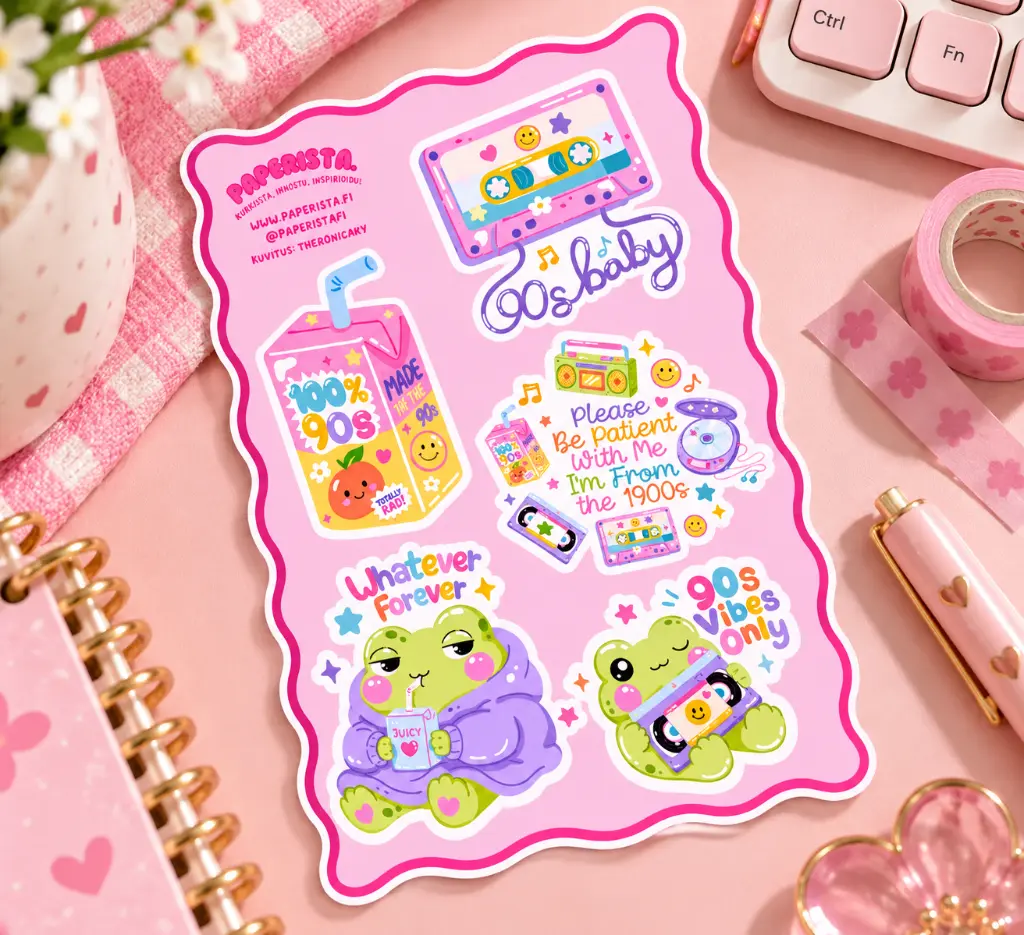 Pastellinen 90-luvun kawaii-tarralevyasetelma.webp