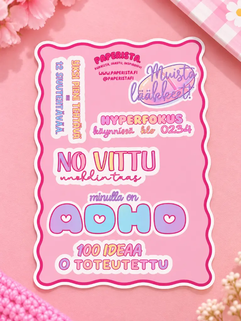 Pastellinen ADHD-tarra vaaleanpunaisella taustalla.webp